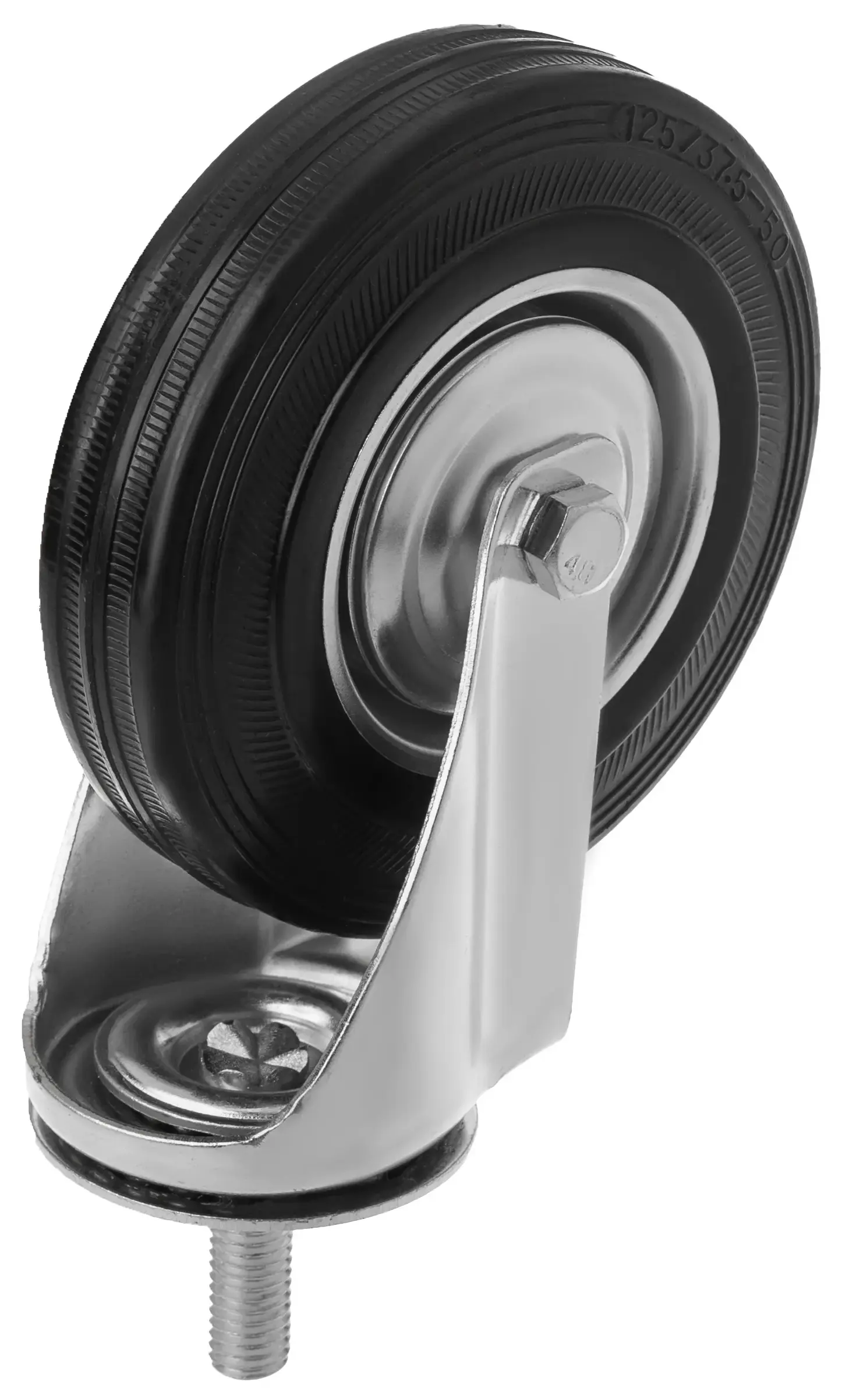 Промышленное колесо, диаметр 125мм, болтовое крепление, поворотная опора, черная резина, роликовый подшипник - SCt 55